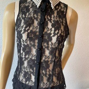 Vintage Say What black sheer lace blouse Pearl collar. Sz L  Sleeveless